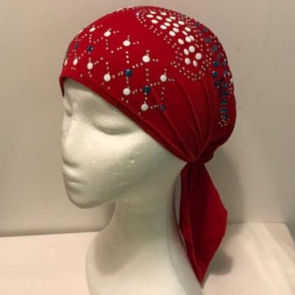 RED Pre-Tied Stud Fashion Cap Slip On Bonnet Hijab Undercap #1 - Picture 3 of 3
